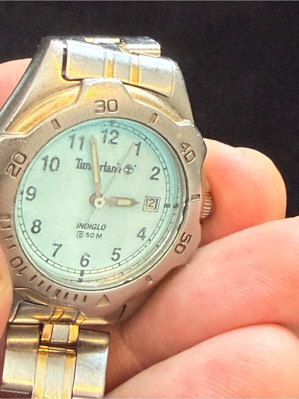 TIMBERLAND Men’s INDIGLO Date WR 50m Silver Tone Link Band New Battery Working